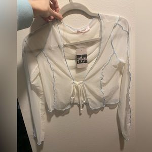 longsleeve mesh sheer top with blue trim